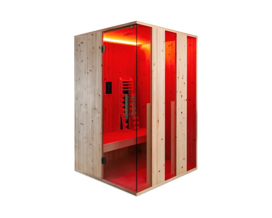 Infrarotkabine Aura 2 für 2 Personen aus 30 mm Zirbenholz – 2000 W Tiefenwärme, 130 × 130 cm