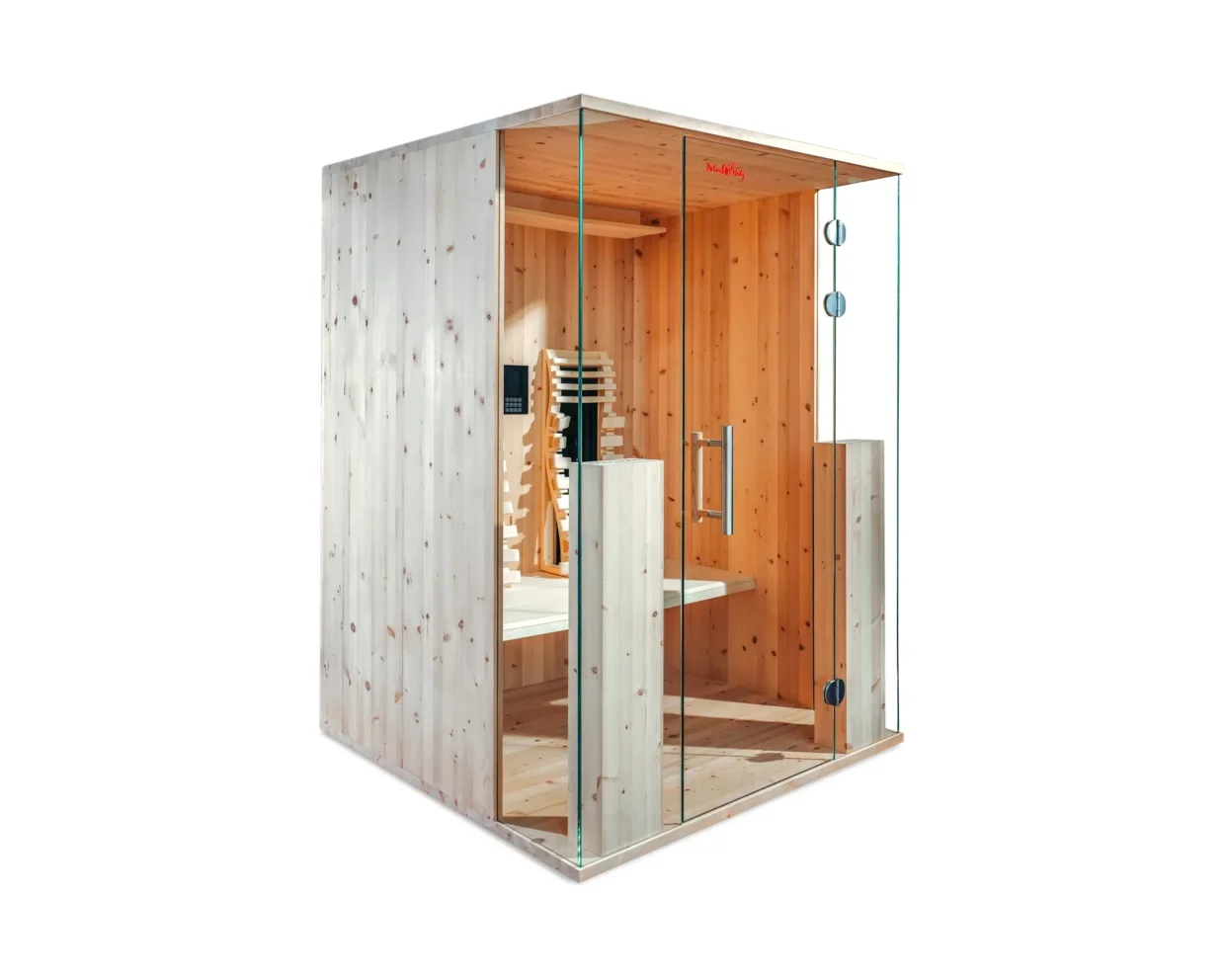 Infrarotkabine Aura 2 F mit Fronteinstieg für 2 Personen – 30 mm Zirbenholz, 2000 W Tiefenwärme