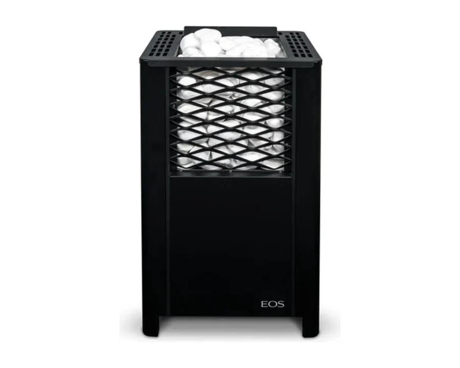 Finnischer Saunaofen EOS FinnRock 7,5–12 kW – Design-Standofen aus Edelstahl mit offenem 40-kg-Steinkorb, Bild 3