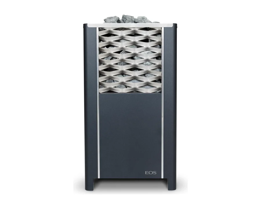 Finnischer Saunaofen EOS FinnRock 7,5–12 kW – Design-Standofen aus Edelstahl mit offenem 40-kg-Steinkorb, Bild 4