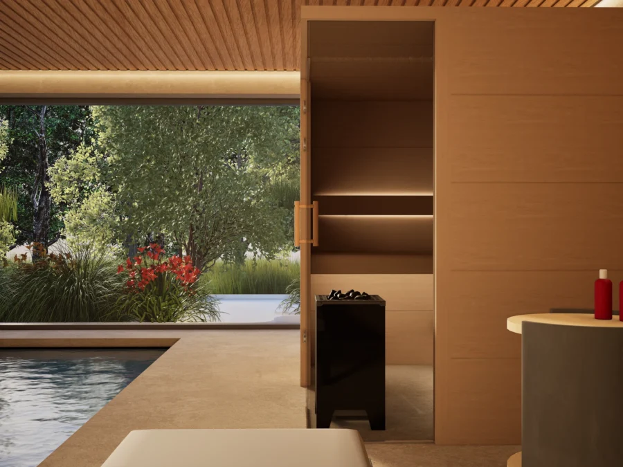 Sauna Morena Platte Erle – Glastür mit Holzgriff, Blick in den Garten