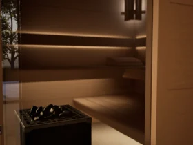 Saunaofen mit Diabas-Steinen in der Sauna Morena Platte Erle