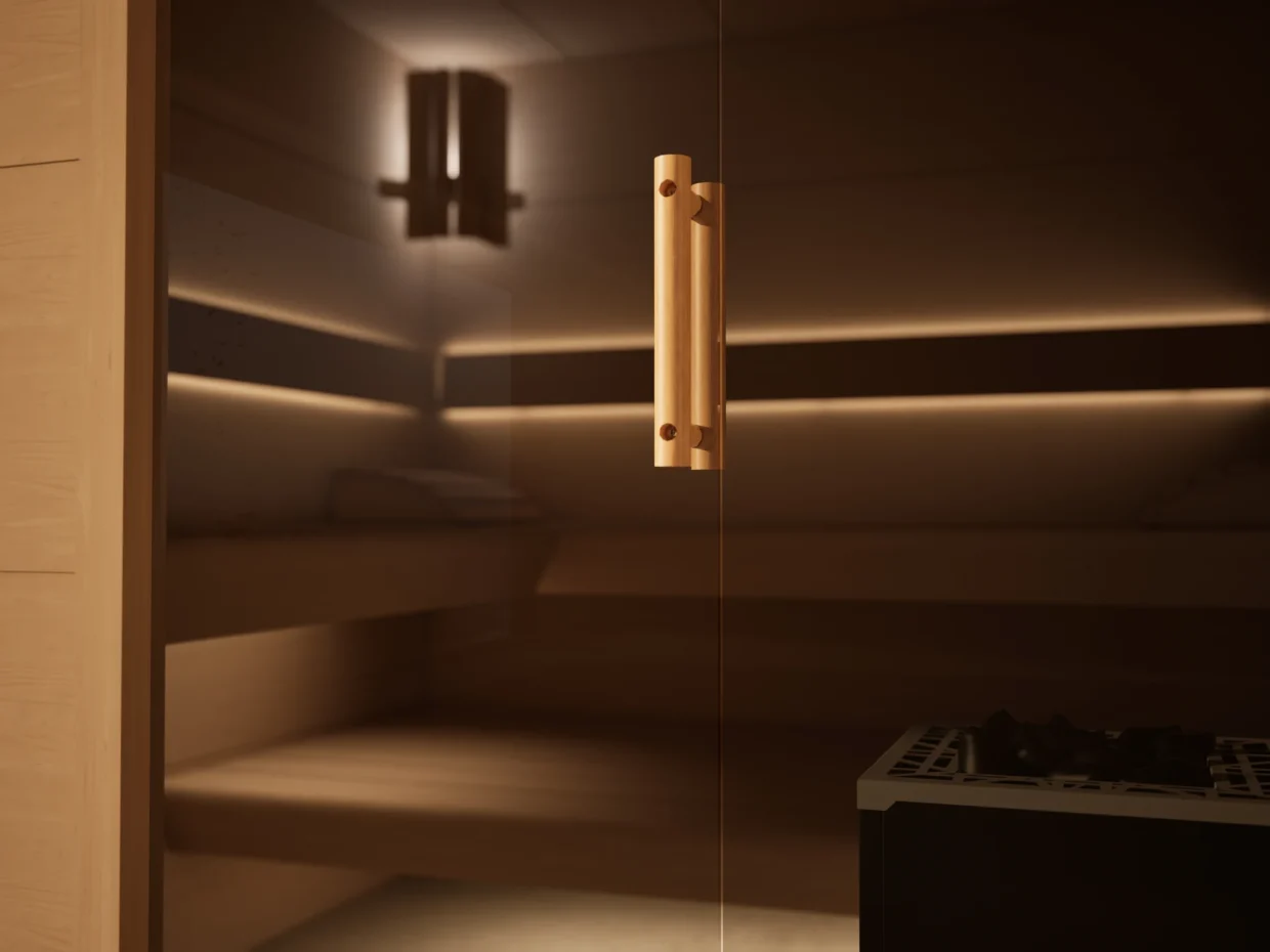 Holzgriff und Saunalampe der Sauna Morena Platte Erle