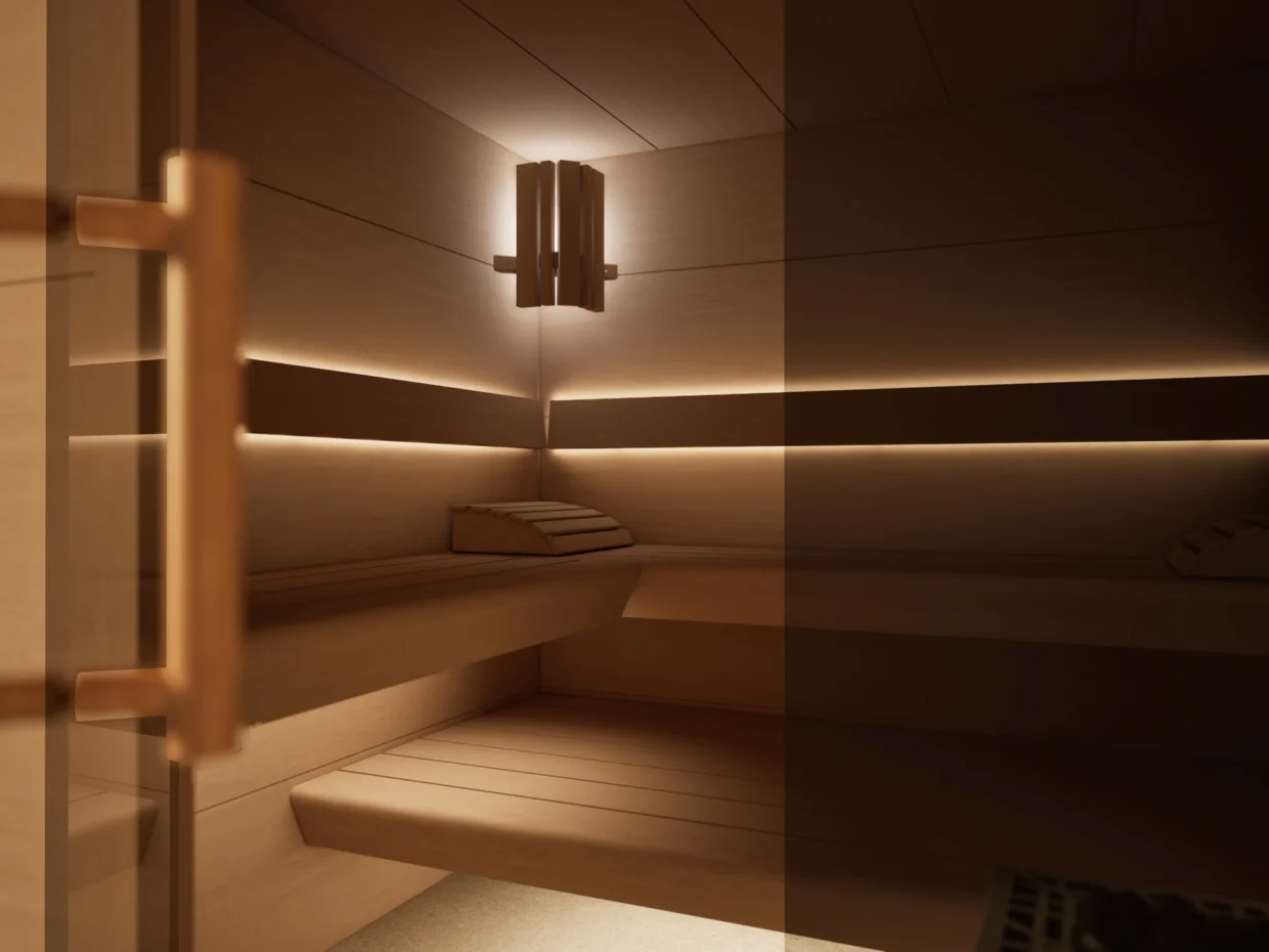 Innenraum der Sauna Morena Platte Erle mit Lampe und Liegen