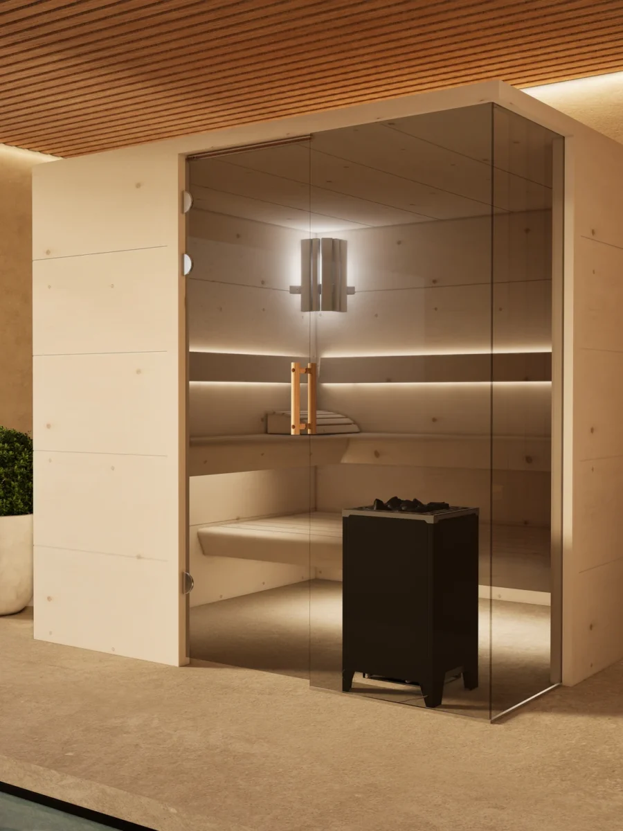 Sauna Morena Platte Zirbe – Gesamtansicht am Pool