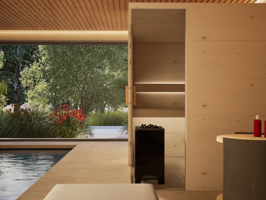 Sauna Morena Platte Zirbe – Glastür mit Holzgriff, Blick in den Garten
