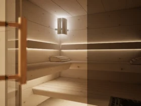 Innenraum der Sauna Morena Platte Zirbe mit Lampe und Liegen