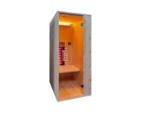 Infrarotkabine Pura 1 F mit Fronteinstieg aus 30 mm Profilholz – 1250 W Tiefenwärme, 80 × 120 cm