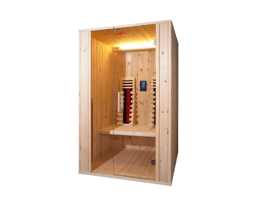 Infrarotkabine Pura 2 F für 2 Personen aus 30 mm Profilholz – 2000 W Tiefenwärme, Fronteinstieg