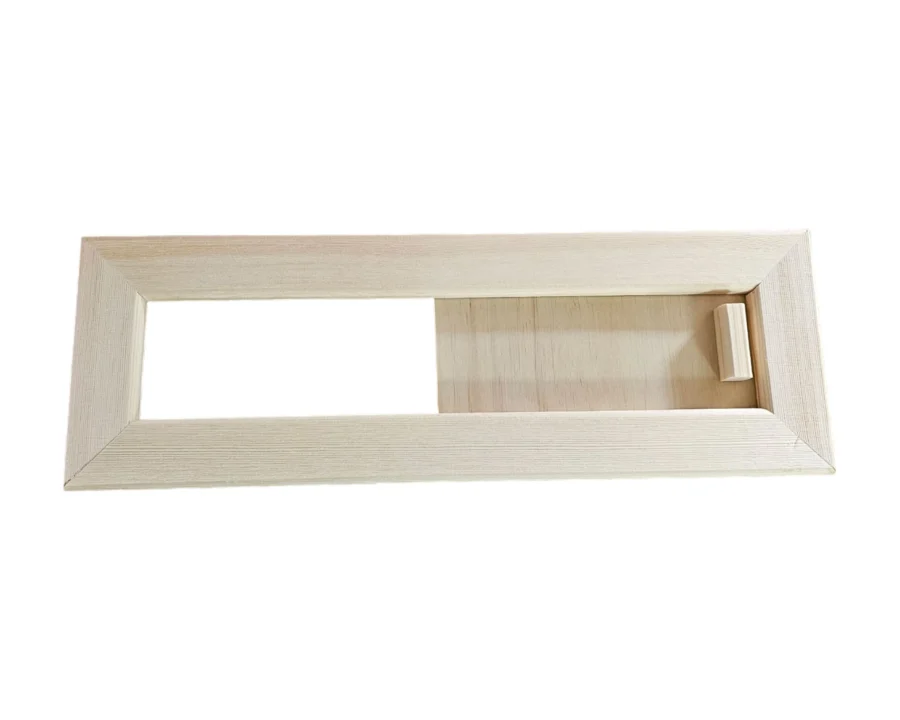 Sauna Lüftungsschieber aus Schichtholz – manuell verstellbar für die Frischluftzufuhr, ca. 400 × 135 mm