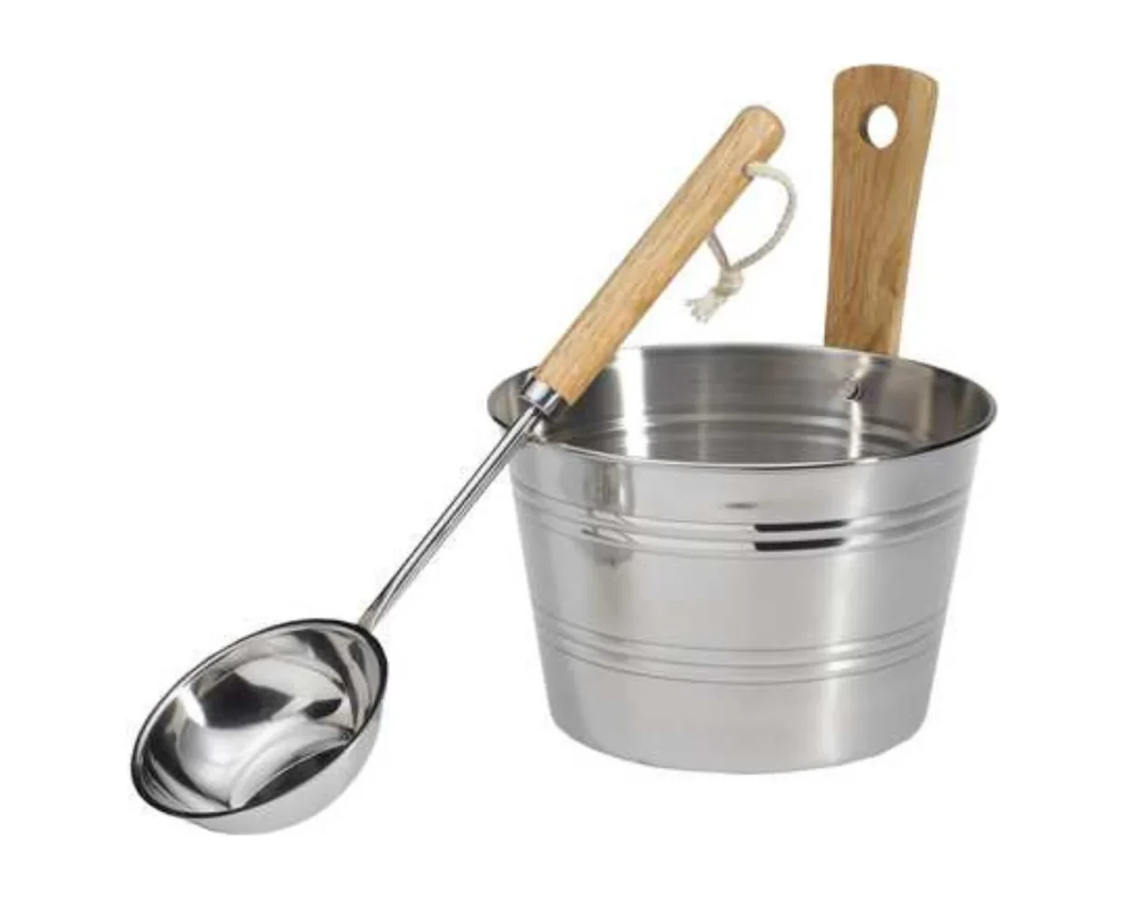Sauna Set aus Edelstahl 2-teilig – EOS Eimer mit 4,5 Litern und Schöpfkelle mit Holzgriff