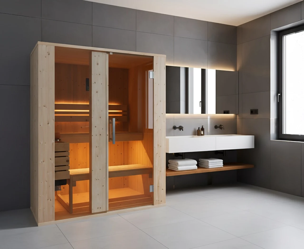 Sauna Amara mit Glaselement in einem modernen Badezimmer