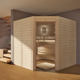 Sauna Athen Glastür Massivholz Zirbe im Wohnraum, Gesamtansicht