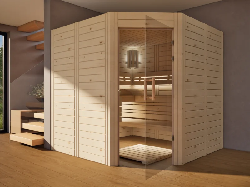 Sauna Athen Glastür Massivholz Zirbe mit geöffneter Glastür