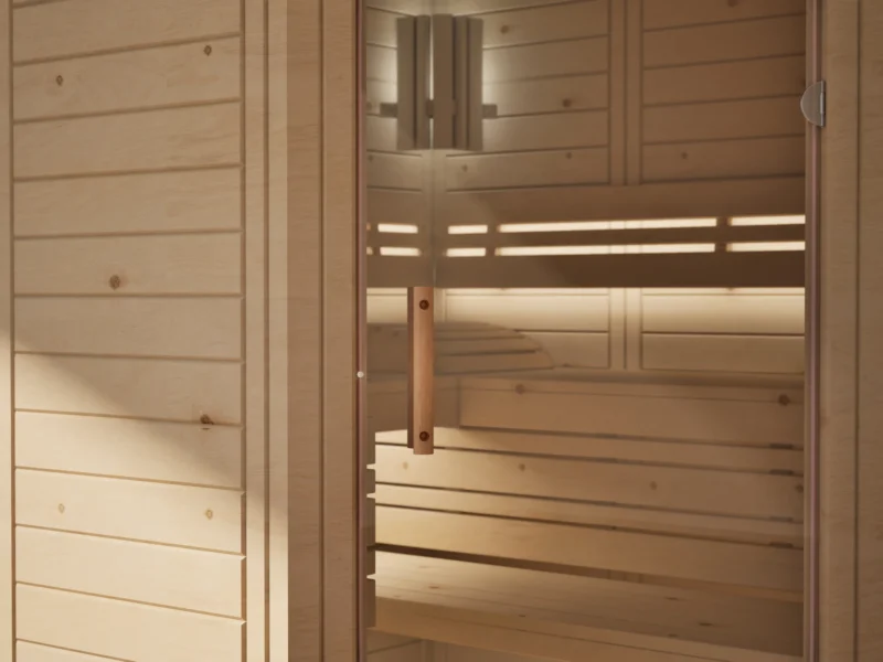 Klarglastür mit Holzgriff an der Sauna Athen Glastür Massivholz Zirbe