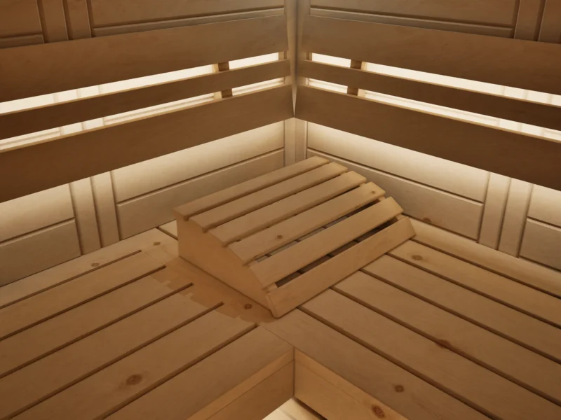 Liegen und Rückenlehnen mit indirektem LED-Licht in der Sauna Athen Glastür Massivholz Zirbe