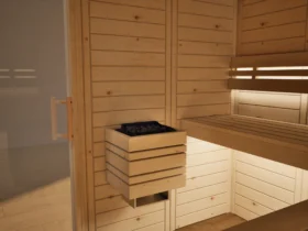 Saunaofen mit Steinen in der Sauna Athen Glastür Massivholz Zirbe