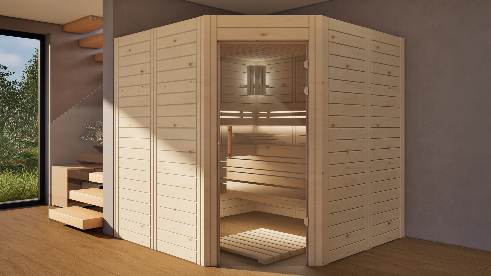 Sauna Athen Glastür Massivholz Zirbe im Wohnraum neben der Treppe