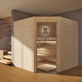 Sauna Athen Glastür Massivholz Zirbe im Wohnraum, Gesamtansicht