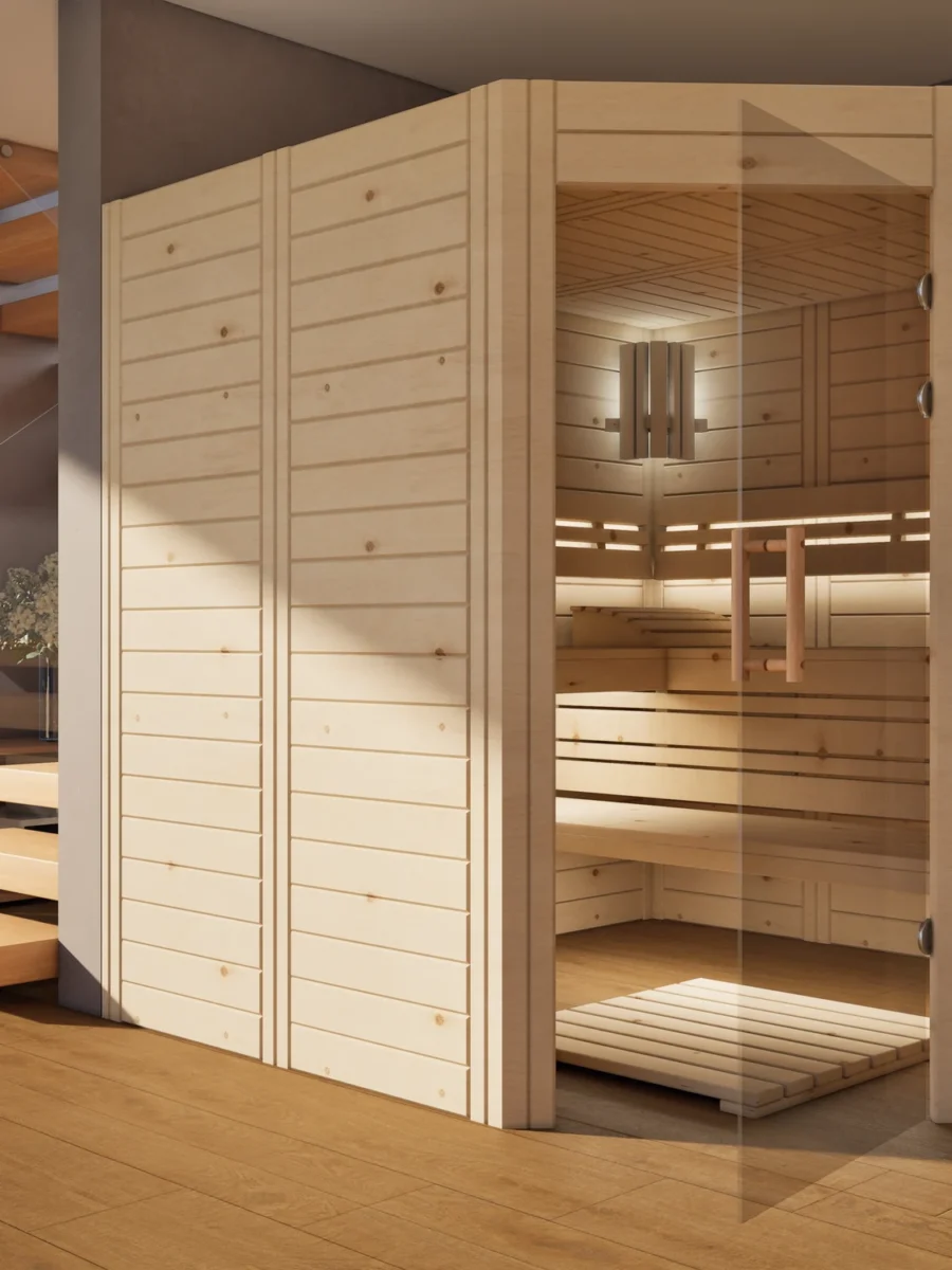 Sauna Athen Glastür Massivholz Zirbe mit geöffneter Glastür