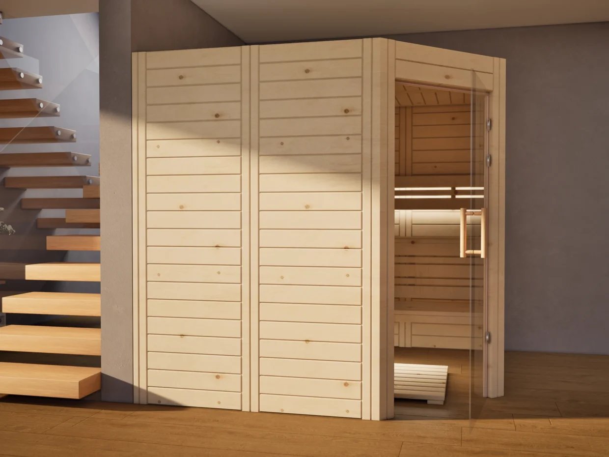 Sauna Athen Glastür Massivholz Zirbe neben der Treppe, Glastür geöffnet