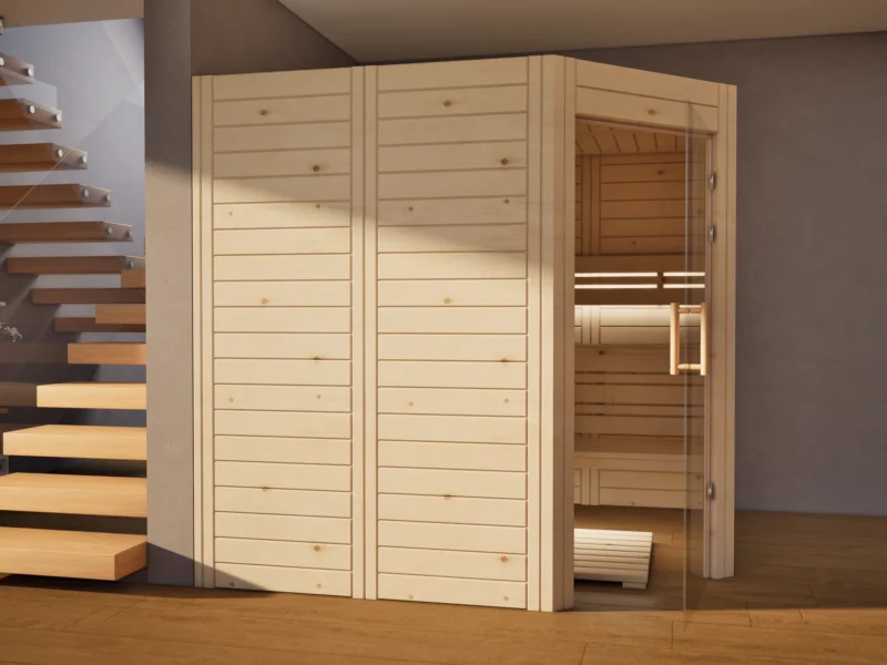 Sauna Athen Glastür Massivholz Zirbe neben der Treppe, Glastür geöffnet