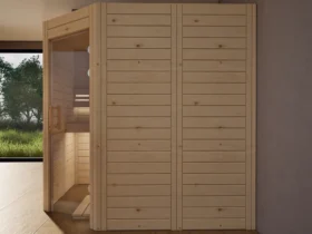 Sauna Athen Glastür Massivholz Zirbe von der Seite, Kabine ohne Saunaofen