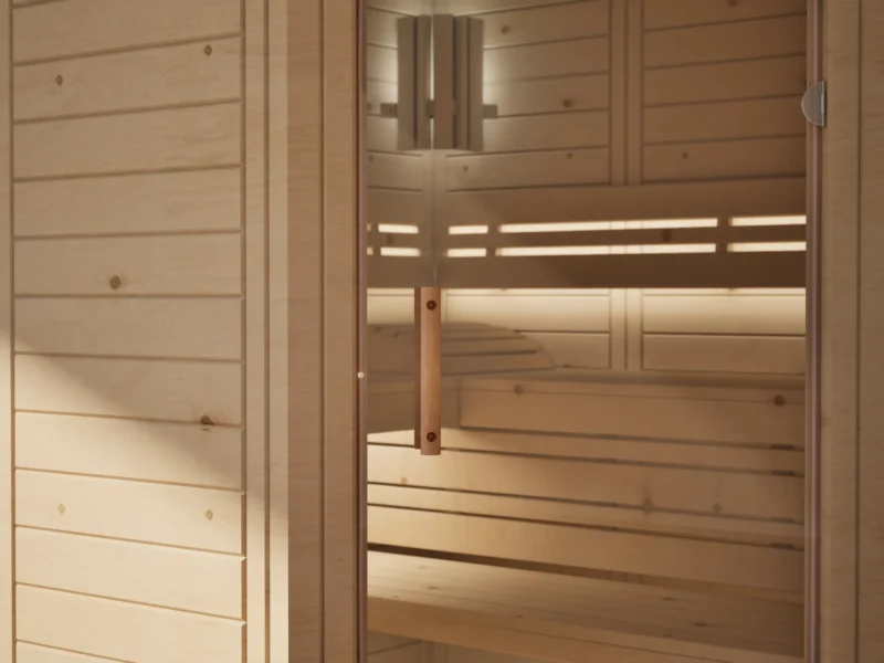 Klarglastür mit Holzgriff an der Sauna Athen Glastür Massivholz Zirbe
