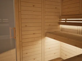Innenraum der Sauna Athen Glastür Massivholz Zirbe mit freiem Ofenplatz