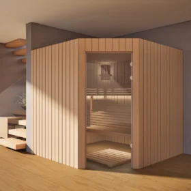 Sauna Athen Glastür Profilholz Erle im Wohnraum, Gesamtansicht
