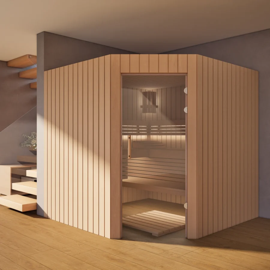 Sauna Athen Glastür Profilholz Erle im Wohnraum, Gesamtansicht