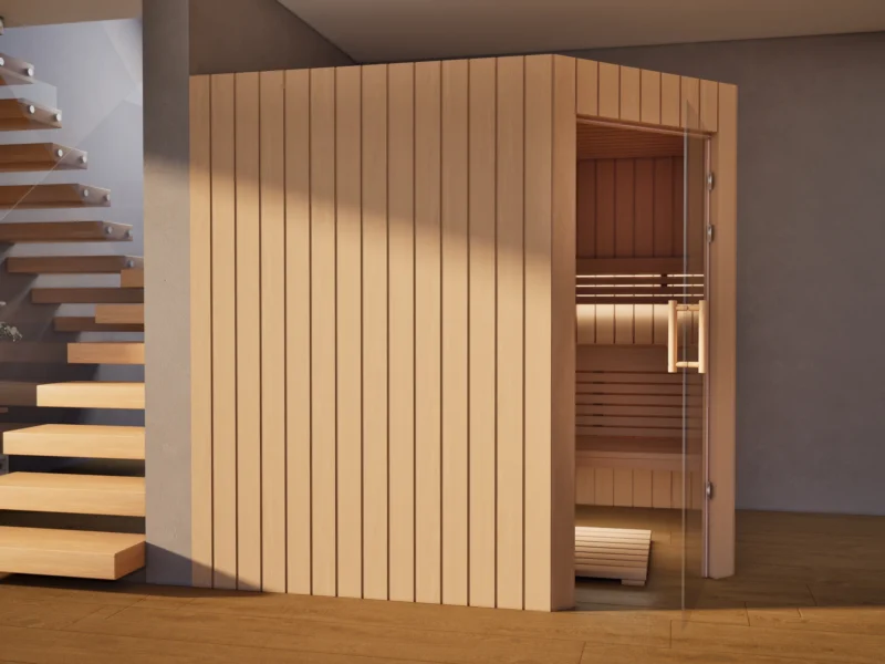 Sauna Athen Glastür Profilholz Erle neben der Treppe, Glastür geöffnet