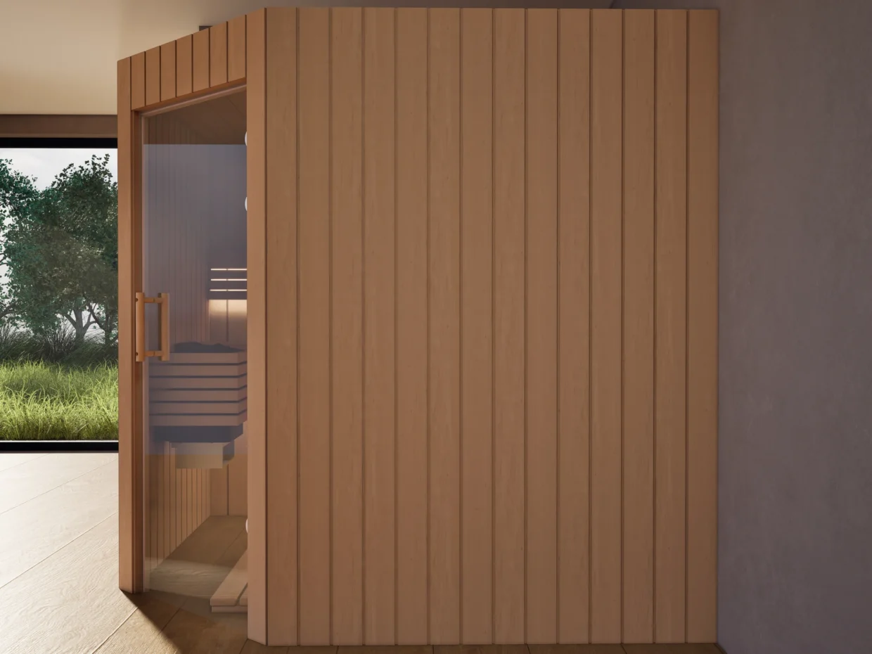 Sauna Athen Glastür Profilholz Erle von der Seite, Blick durch die geöffnete Glastür auf den Saunaofen