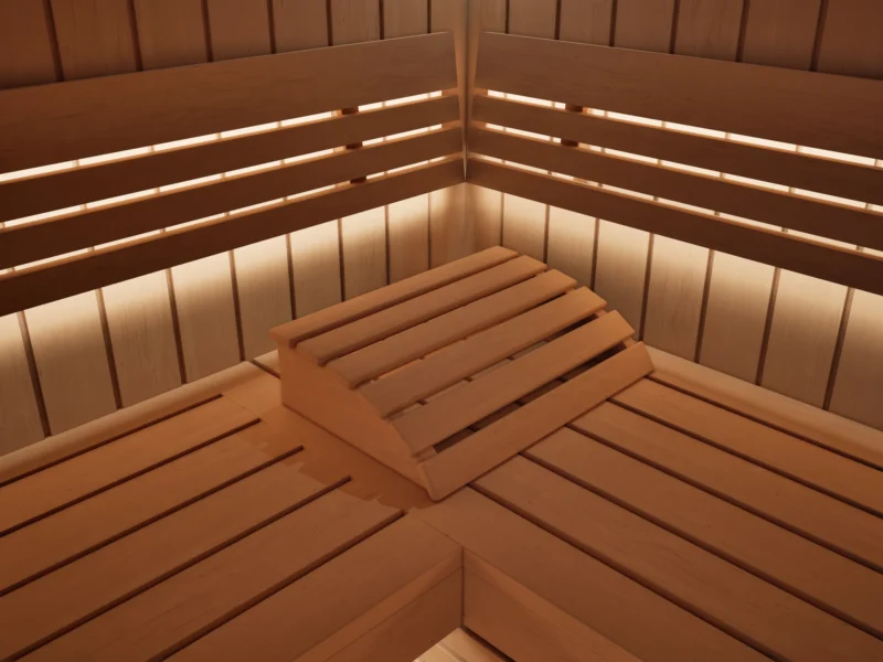 Liegen und Rückenlehnen mit indirektem LED-Licht in der Sauna Athen Glastür Profilholz Erle