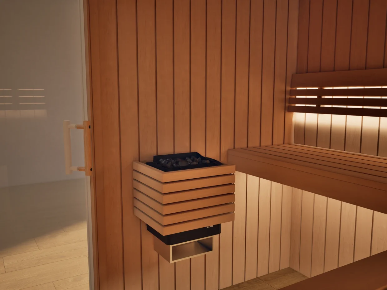 Saunaofen mit Steinen in der Sauna Athen Glastür Profilholz Erle