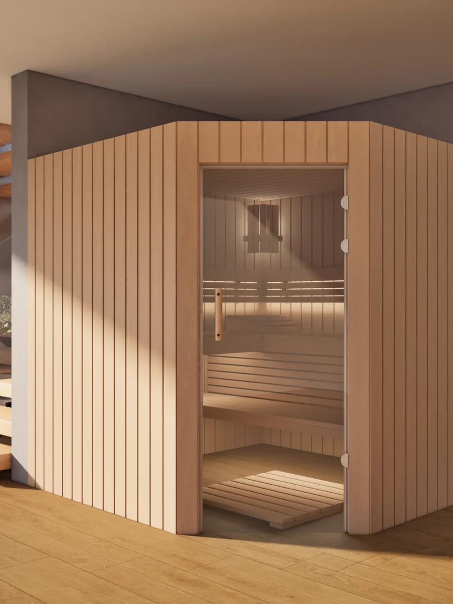 Sauna Athen Glastür Profilholz Erle im Wohnraum, Gesamtansicht
