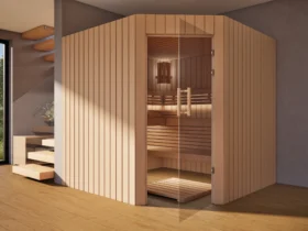 Sauna Athen Glastür Profilholz Erle mit geöffneter Glastür