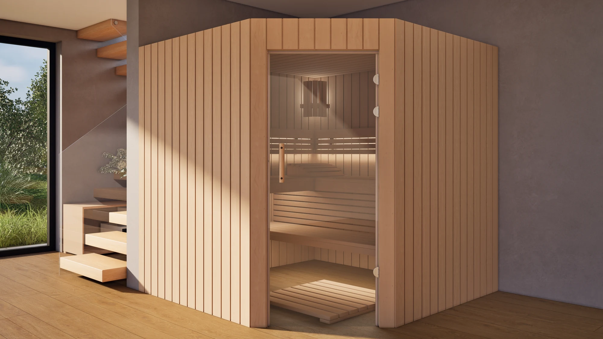 Sauna Athen Glastür Profilholz Erle im Wohnraum neben der Treppe