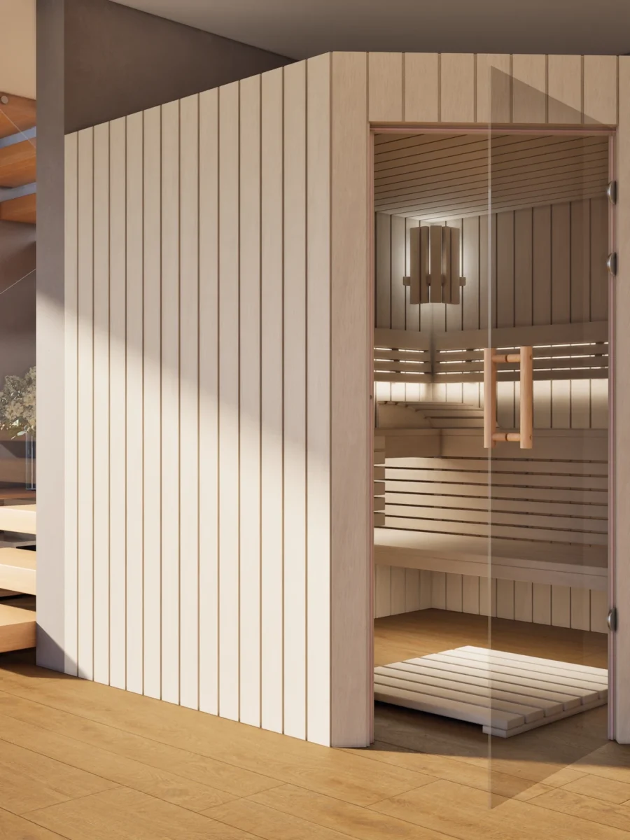 Sauna Athen Glastür Profilholz Linde mit geöffneter Glastür