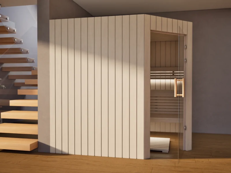 Sauna Athen Glastür Profilholz Linde neben der Treppe, Glastür geöffnet