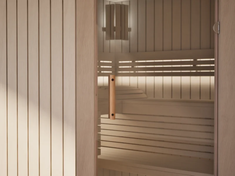 Klarglastür mit Holzgriff an der Sauna Athen Glastür Profilholz Linde