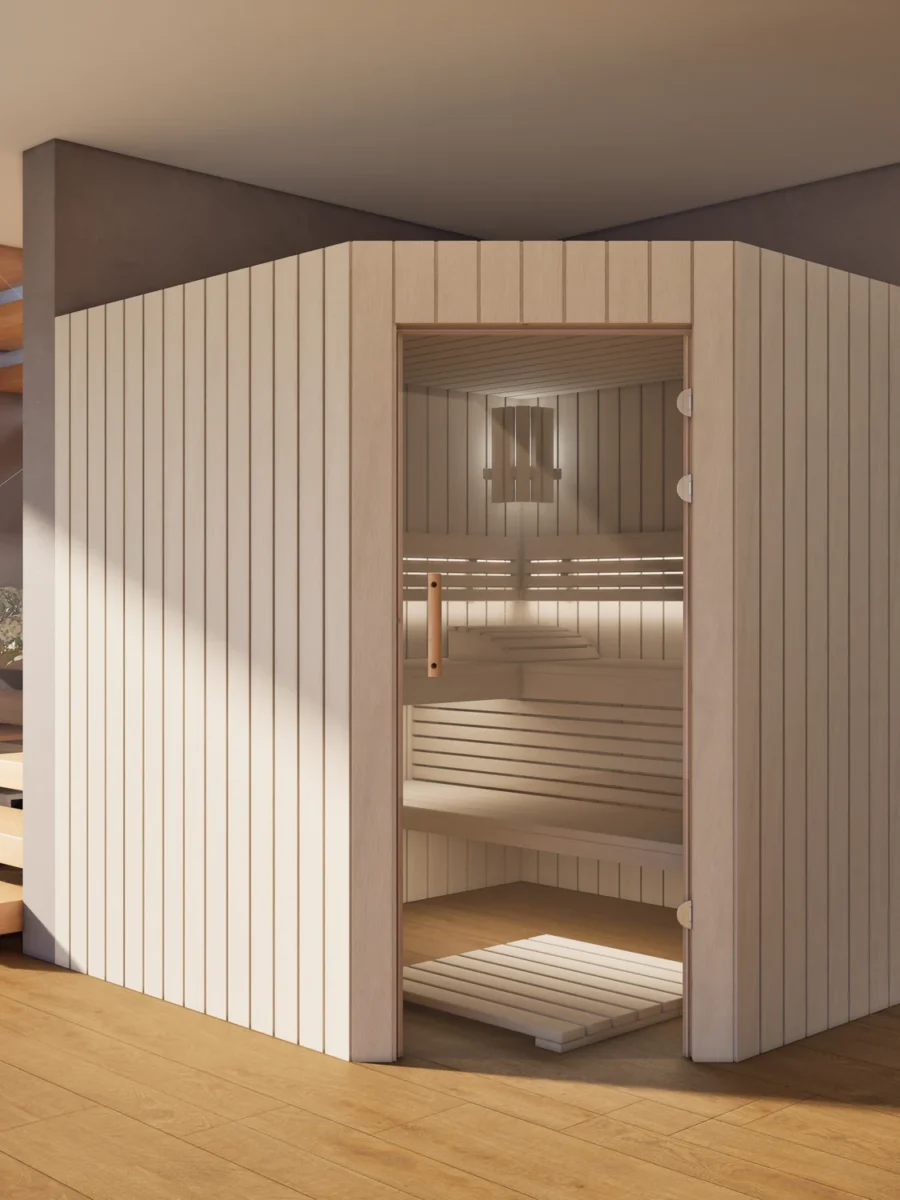 Sauna Athen Glastür Profilholz Linde im Wohnraum, Gesamtansicht