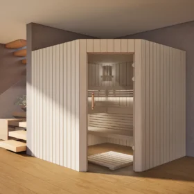 Sauna Athen Glastür Profilholz Linde im Wohnraum, Gesamtansicht