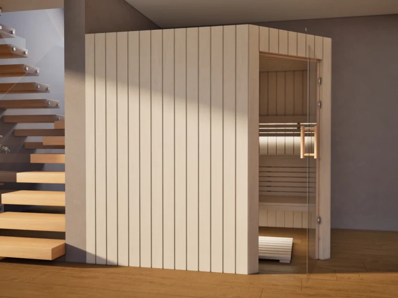Sauna Athen Glastür Profilholz Linde neben der Treppe, Glastür geöffnet