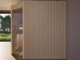 Sauna Athen Glastür Profilholz Linde von der Seite, Kabine ohne Saunaofen
