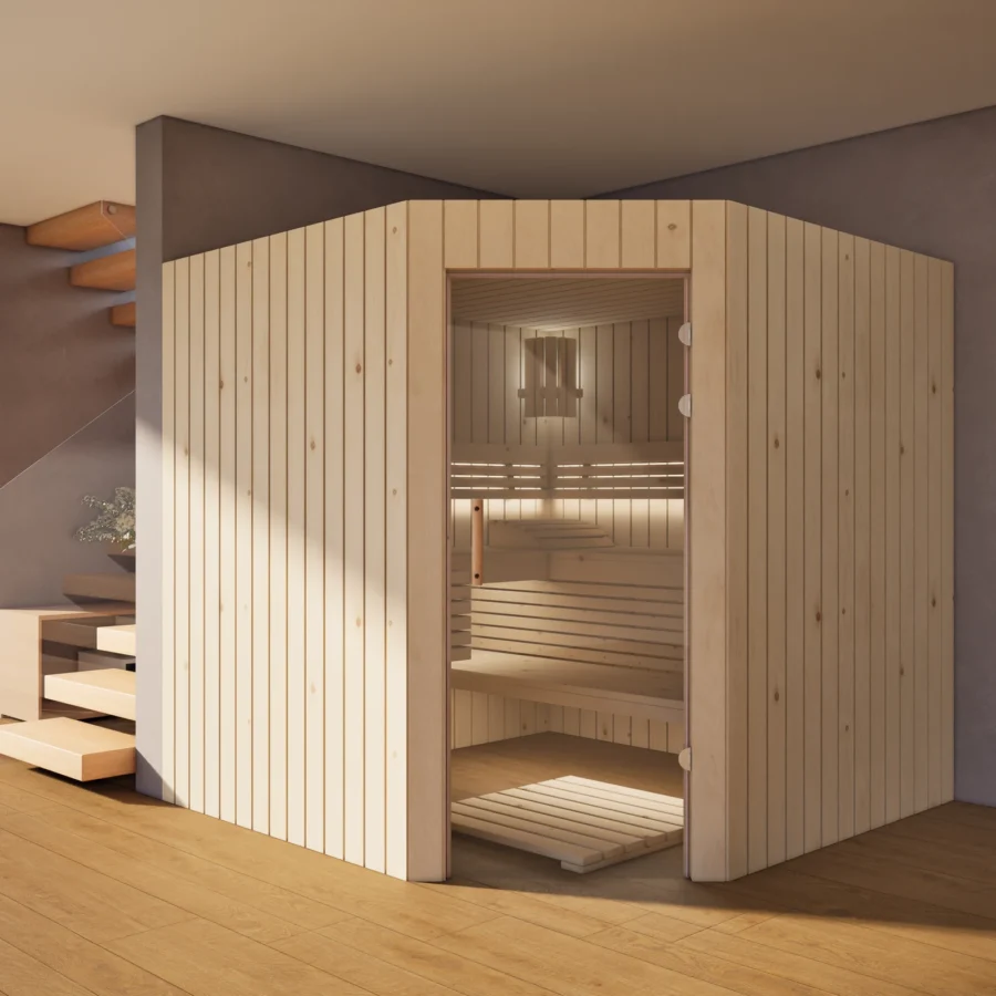 Sauna Athen Glastür Profilholz Zirbe im Wohnraum, Gesamtansicht
