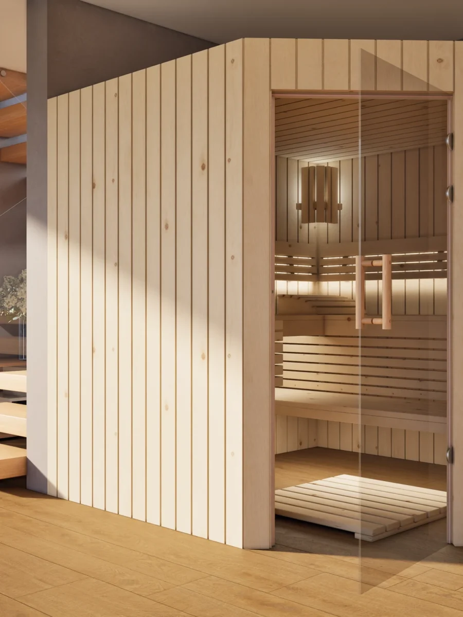 Sauna Athen Glastür Profilholz Zirbe mit geöffneter Glastür