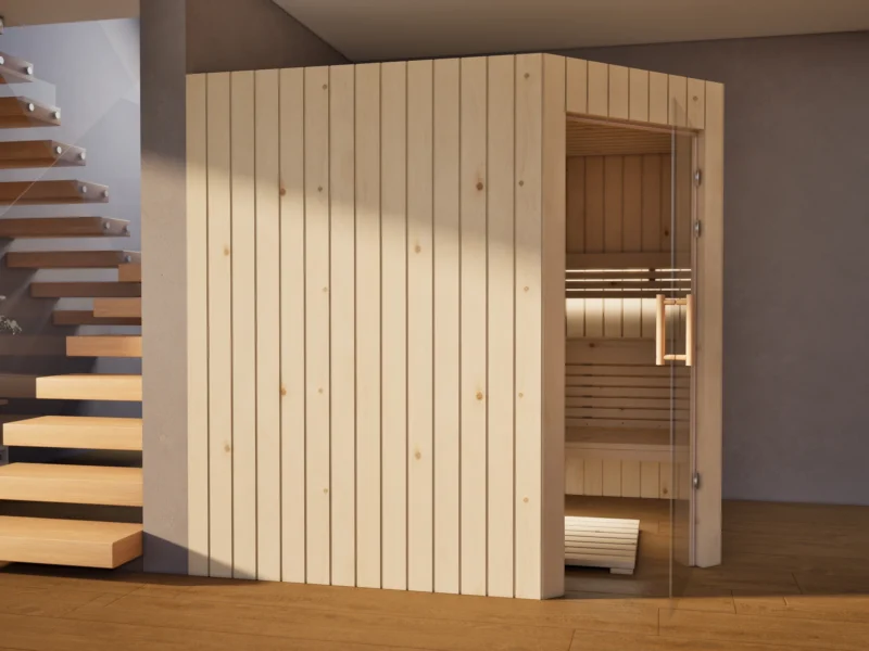 Sauna Athen Glastür Profilholz Zirbe neben der Treppe, Glastür geöffnet