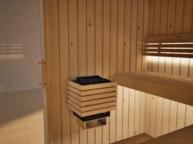 Saunaofen mit Steinen in der Sauna Athen Glastür Profilholz Zirbe
