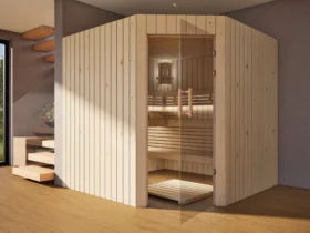 Sauna Athen Glastür Profilholz Zirbe mit geöffneter Glastür